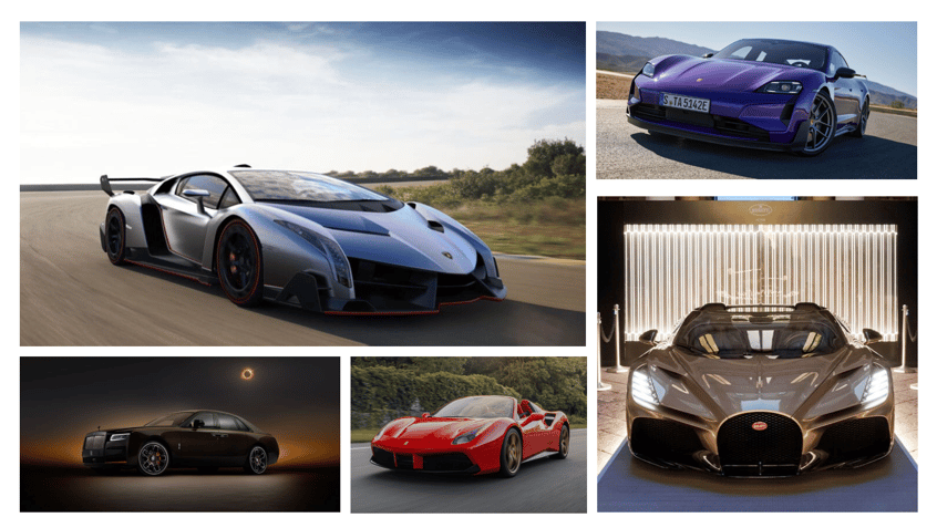 Lamborghini, Porsche, McLaren, Rolls-Royce, Ferrari